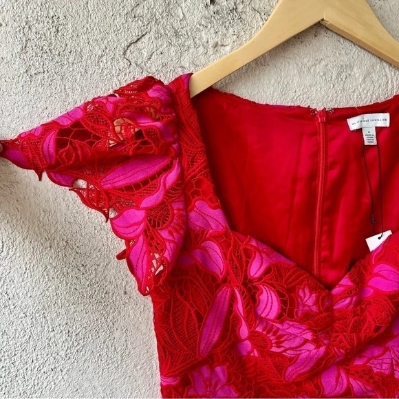 Monique Lhuillier Flutter Sleeve Guipure Lace Mini Dress Pink Size 6 - Picture 5 of 10